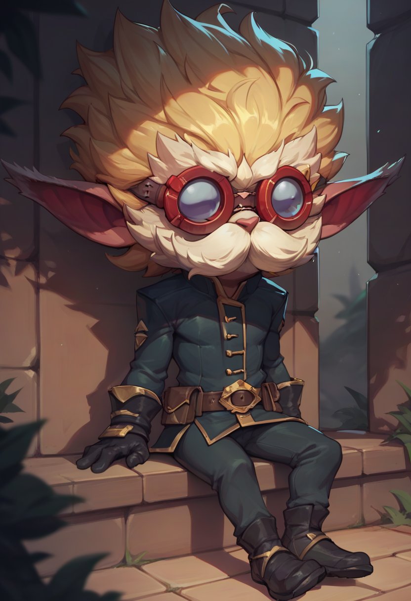 score_9, score_8_up, score_7_up, score_6_up, h3im3rding3r, 1boy, male focus, yordle, blonde hair, pointy ears, mustache, belt, pants, black gloves, gloves, goggles, black footwear, <lora:Heimerdinger_Default_v1:0.7>, sitting