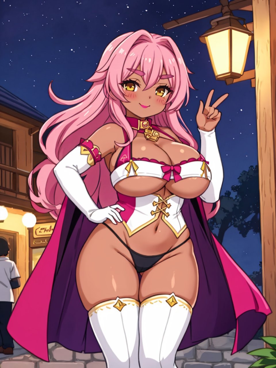 source_anime, BREAK Ingrid is standing and showing V sign, hand on own hip, 1girl, mature female, dark-skinned female, full body, looking at viewer, seductive smile, blush, half-closed eyes, pink hair, long hair, hair intakes, makeup, purple lips, lipstick, thick eyebrows, mole under mouth, yellow eyes, (helloutfit:1.1), high collar, underboob, elbow gloves, thigh boots, highleg panties, bare shoulders, curvy, large breasts, areola slip, red areolae, covered nipples, outdoors, night, carnival