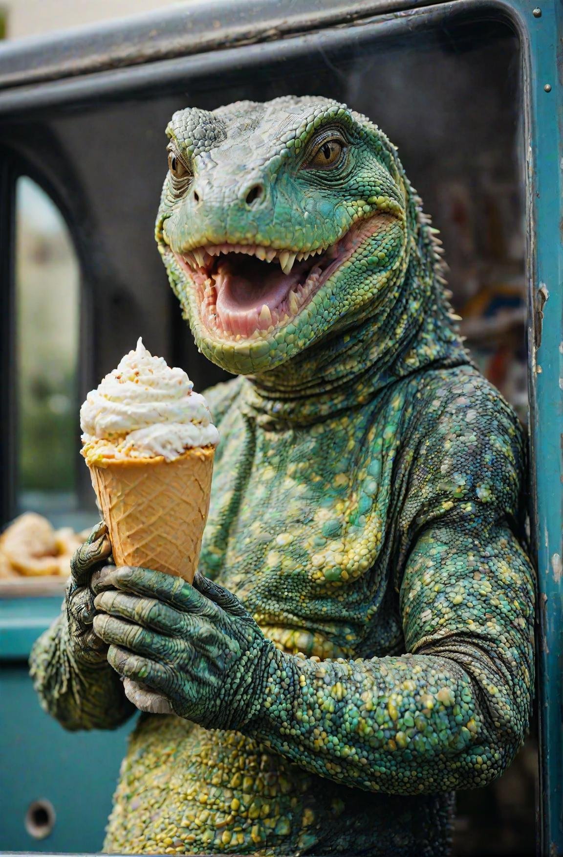 a beautiful high definition crisp portrait of old (reptile:1.2) skin selling icecream from a truck in a suburban area, taken with a professional grade camera with exquisite color grading