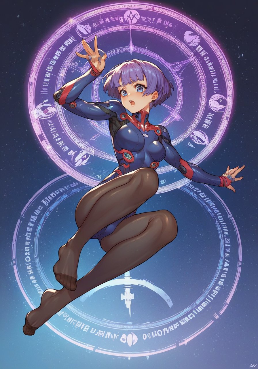 score_9, score_8_up, score_7_up, score_6_up, high quality, masterpiece, 8k, highres, highly detailed,anime,1girl, no shoes, innocent, pantyhose, purple hair, short hair, cyber bodysuit, magic circles, cyberpunk, diving 