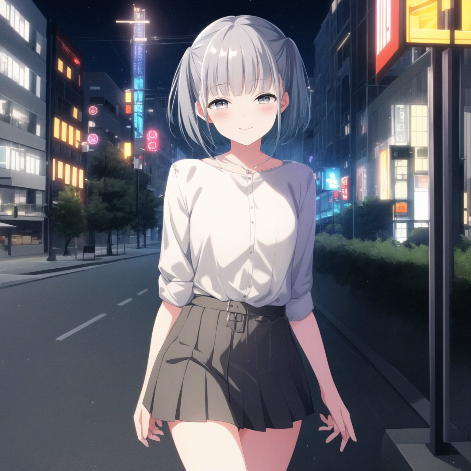 (masterpiece, best quality), 1girl, solo, ipkana, shirt, miniskirt, <lora:kana-000016:0.75>, grey_eyes, smile, blush, walking, city, street, night, night_sky, neon_light 