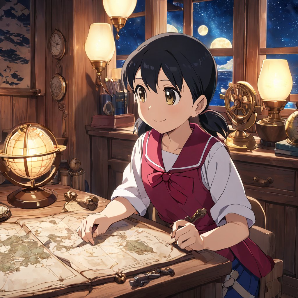 minamoto shizuka, smile, Teenage girl navigator studying ancient maps in a grand ship's cabin, surrounded by nautical instruments, glowing globe, and exotic artifacts, warm candlelight, tall windows showing a starry night sky and phosphorescent sea, sense of adventure and discovery, child,masterpiece, perfect face, best quality, beautiful eyes, shiny eyes, anime coloring, anime screencap, absurdres, award winning,<lora:cr9es5le878c73e65k3g:0.8>