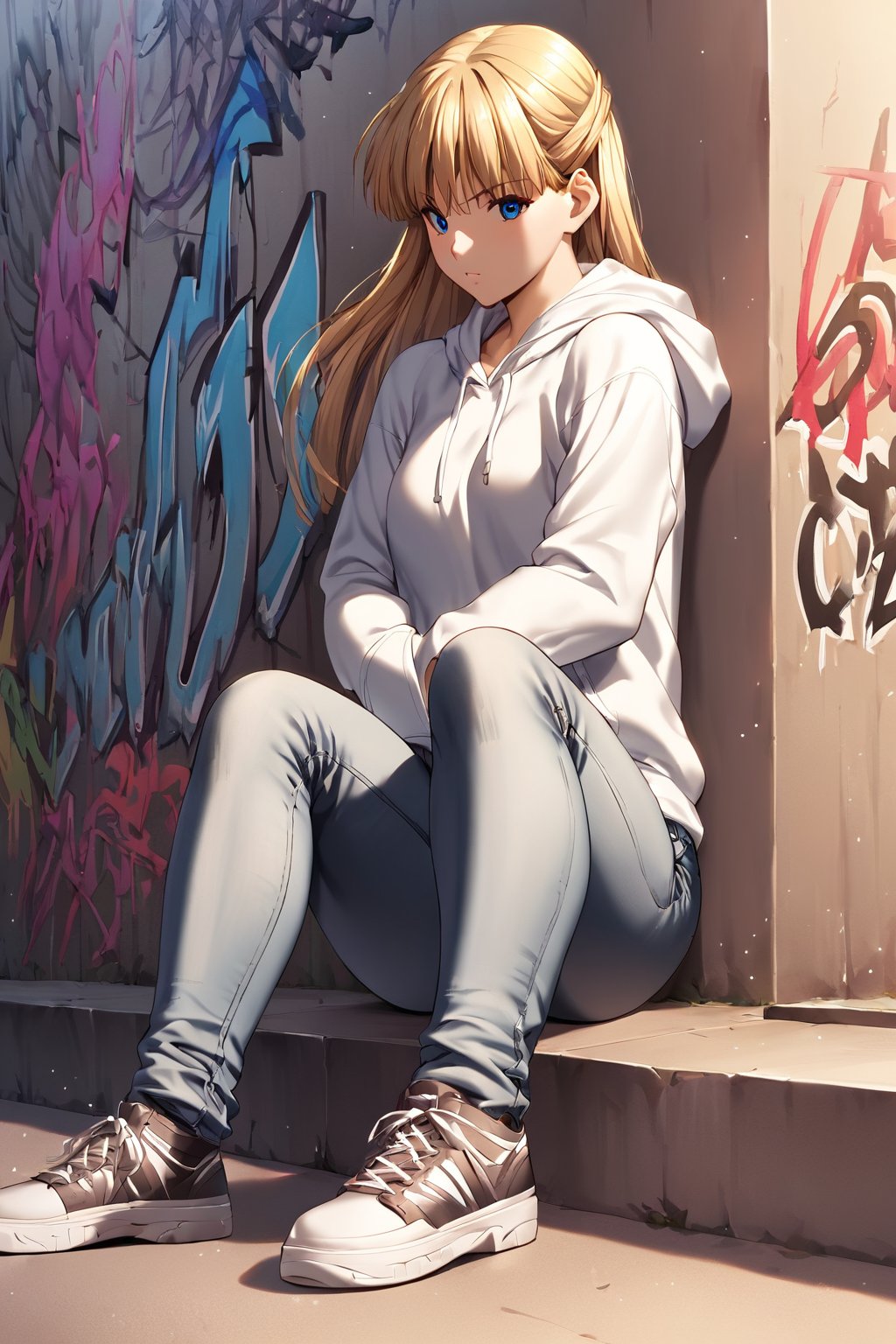 score_9, score_8_up, score_7_up, score_6_up, score_5_up, score_4_up, source_anim, high detailed,very aesthetic, kanzaki asuka, 1girl, blonde hair, blue eyes, detailed gorgeous eyes, perfect face, detailed face, street-style girl, sitting, confident pose, under bridge, graffiti art, urban setting, hoodie, ripped jeans, sneakers, vibrant colors, expressive graffiti, shadows, natural lighting, BREAK, relaxed expression, hands in pockets, cool demeanor, wind-blown hair, cinematic, dusk, from_below,<lora:kanzaki asuka auti:0.8>