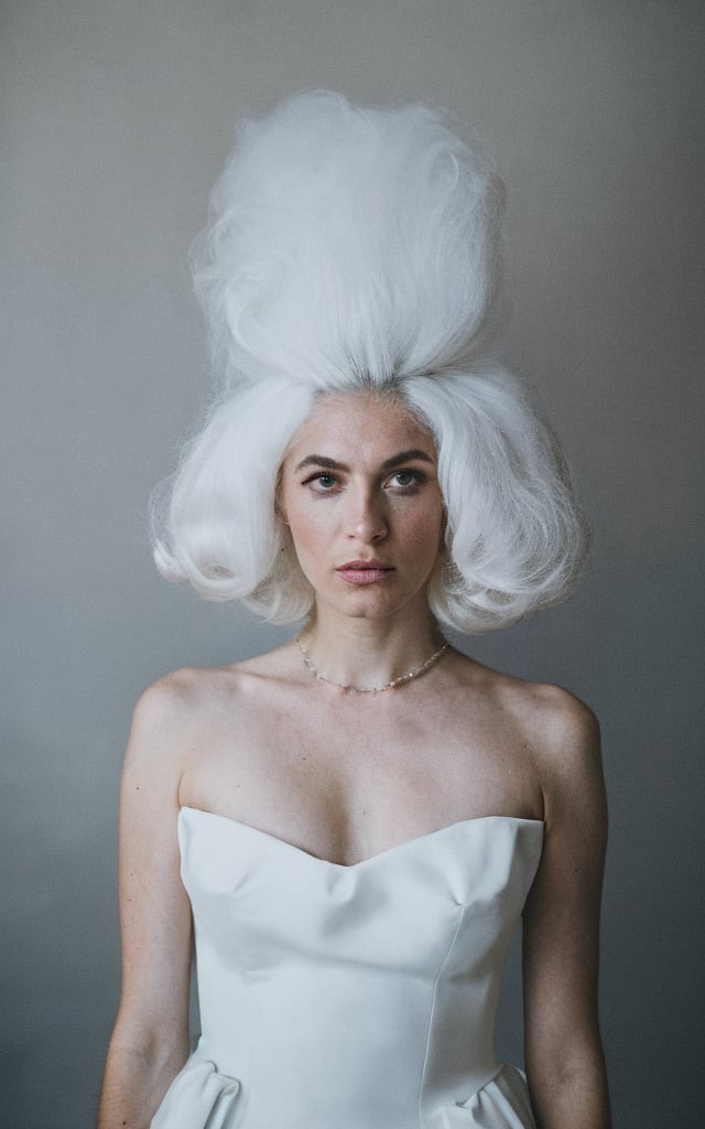 (masterpiece, raw photo, fashion editorial) a woman, white wig, bouffant, dark shot, rococo, seraphim, dress, pearls, painted backdrop, cloud faded, film grain, muted colors, photography, epic realistic, (by Franois Boucher), detailed face, soft focus