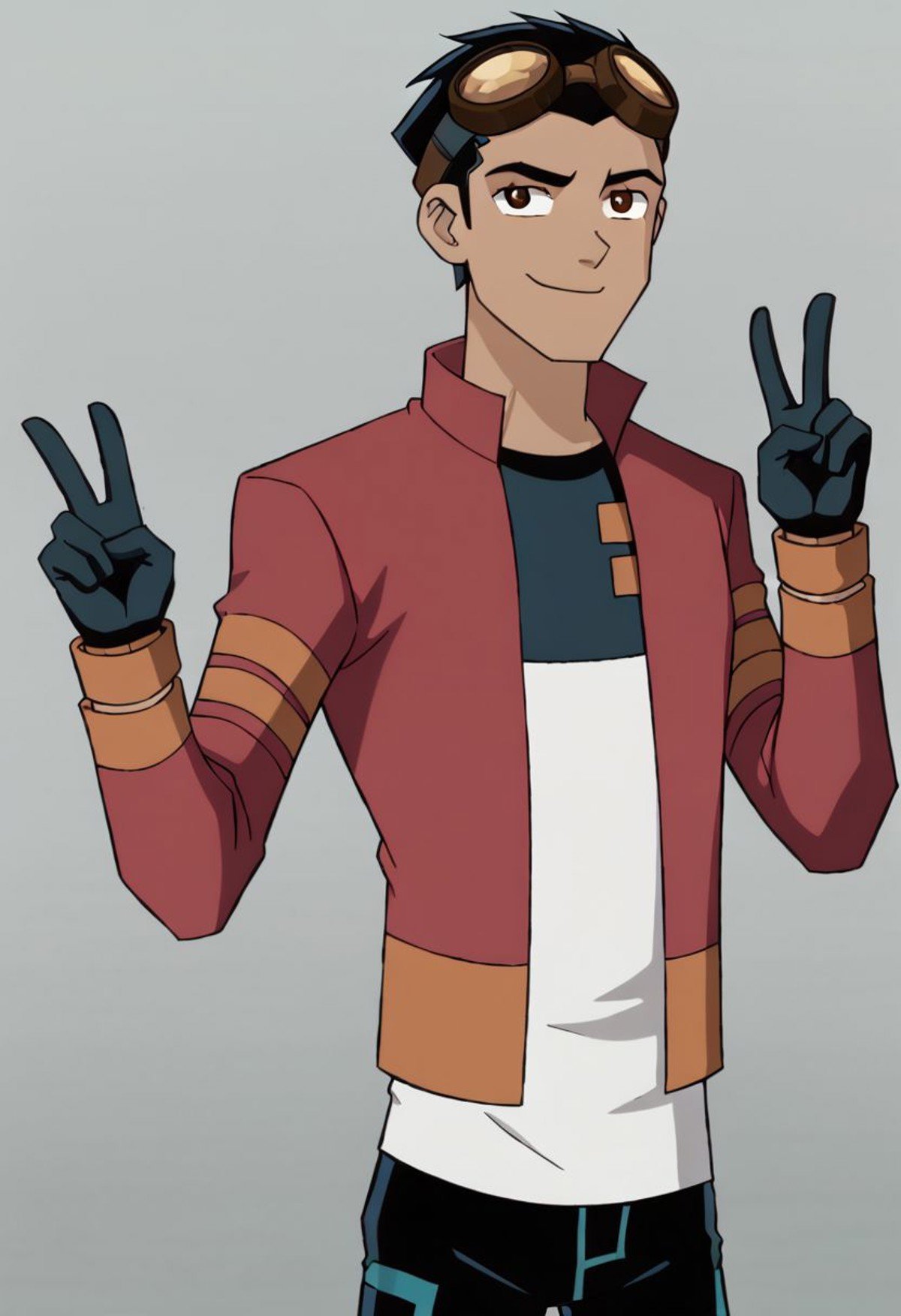 1boy,solo,peace sign,smile,closed mouth,simple background,black hair,goggles,brown eyes,red jacket,open jacket,long sleeves,white shirt,black gloves,black pants