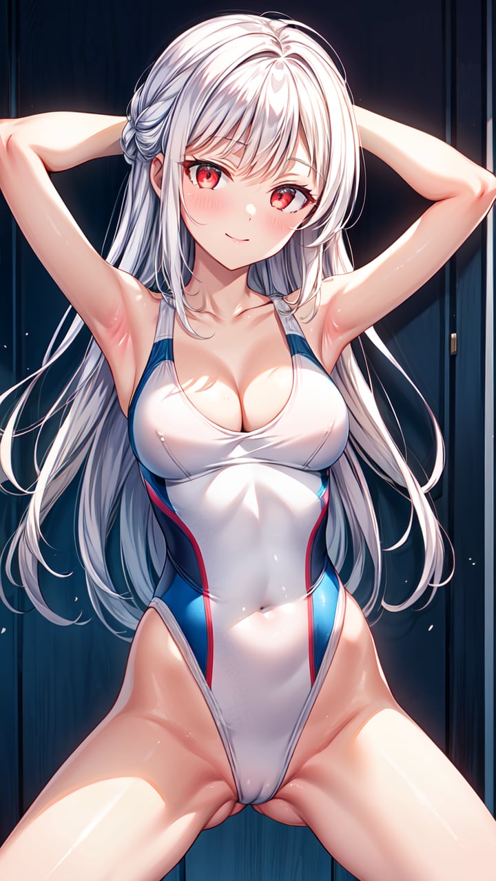 masterpiece,best quality,highres,illustration,hyper detailed,8k cg wallpaper,ray tracing,((white hair:1.3)),((long hair:1.2)),((red eyes:1.2)),((straight hair:1.3)),medium breasts,(hiten1:0.8),<lora:add_detail:1>,((bowlegged_pose, spread legs:1.1)),(arms behind head:1.1),((standing:1.3)),<lora:bowlegged_pose_SD:1>,closed mouth,cowboy shot,smile,competition swimsuit,groin,cleavage,