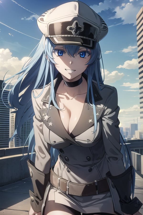 esdeath, <lora:agk esdeath s1-lora-nochekaiser:1>,esdeath, blue eyes, blue hair, long hair, smile, grin,BREAK boots, choker, cleavage, collarbone, hat, ice, military, military uniform, peaked cap, thigh boots, thighhighs, uniform,BREAK outdoors, city, building, sky, sun, clouds, people, crowd,BREAK looking at viewer, (cowboy shot:1.5),BREAK <lyco:GoodHands-beta2:1>, (masterpiece:1.2), best quality, high resolution, unity 8k wallpaper, (illustration:0.8), (beautiful detailed eyes:1.6), extremely detailed face, perfect lighting, extremely detailed CG, (perfect hands, perfect anatomy),