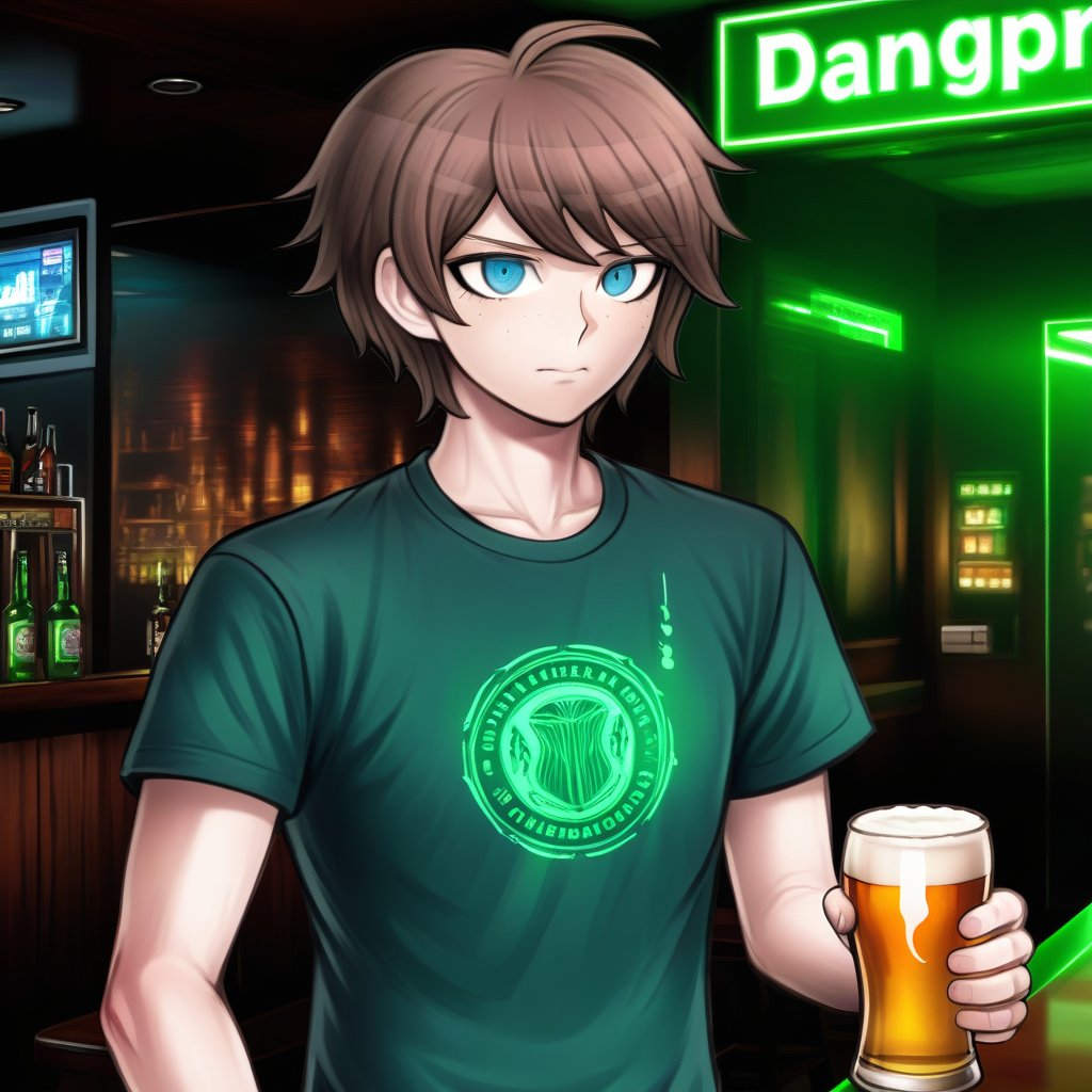 a guy with short brown hair and blue eyes wearing green t-shirt is standing in a bar and holding a beer, danganronpa style, thick lines, hair reflection <lora:danganronpa_style:1.0>