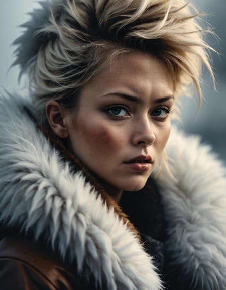 glamour shot,(dark mood masterpiece Photography by Mario Giacomelli:1.2),high quality, 8K Ultra HD, beautiful Eskimo female warrior wearing thick fur over her entire body, fur coat, blonde hair, extremely elaborate hair updo, fur, beautiful, full depth of field and realistic textures, colorful, atmospheric haze, Film grain, cinematic film still, highly detailed, high budget, cinemascope, moody, epic, OverallDetail, gorgeous, 2000s vintage RAW photo, photorealistic, candid camera, color graded cinematic, eye catchlights, atmospheric lighting, imperfections, natural, shallow dof