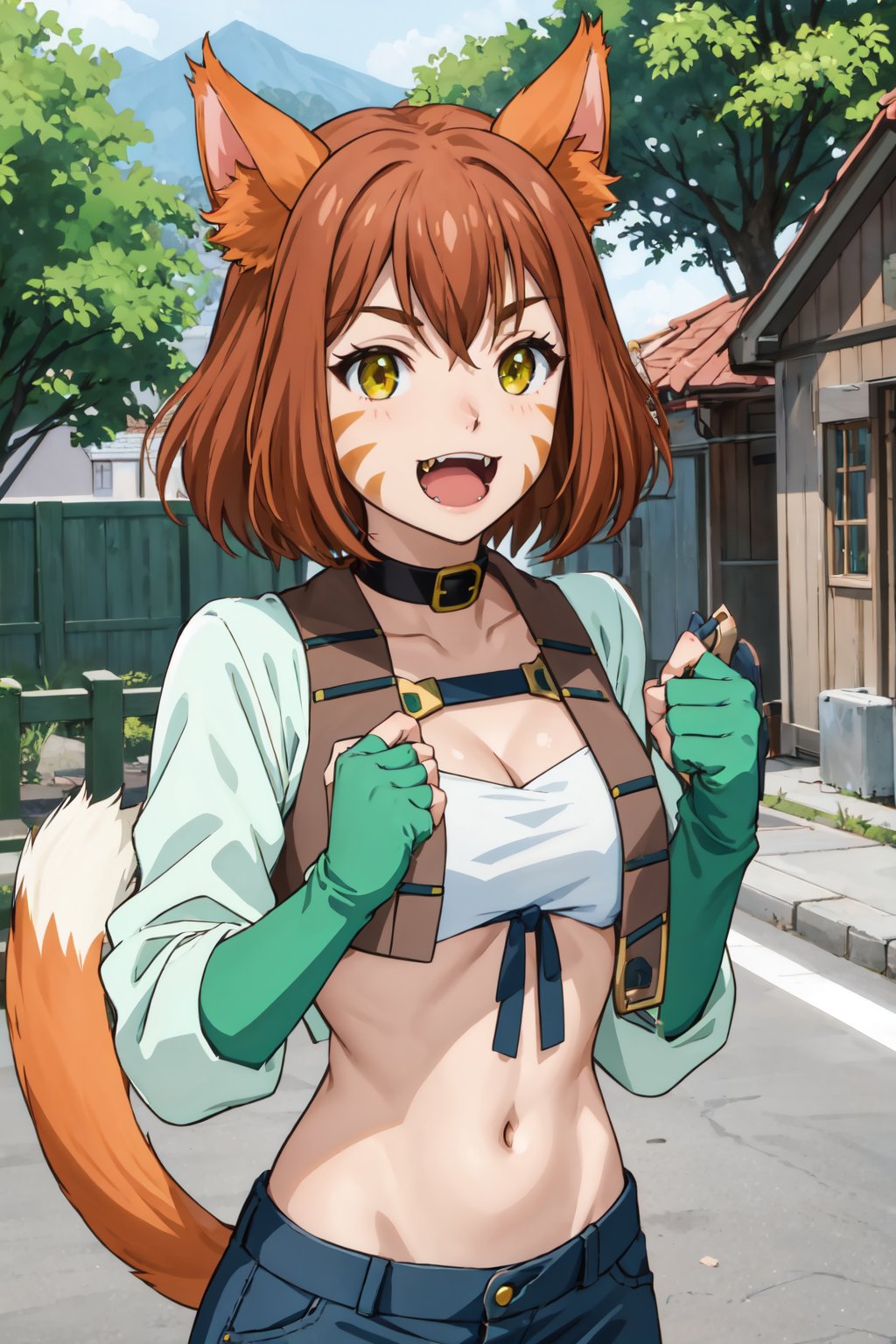 masterpiece, best quality, <lora:miyacatt-nvwls-v1-000010:0.8> 1girl, solo, miya, cat ears, whisker markings, collar, white bandeau, midriff, cleavage, cropped jacket, green gloves, fingerless gloves, standing, :D, fangs, upper body, looking at viewer, house, street, cat tail