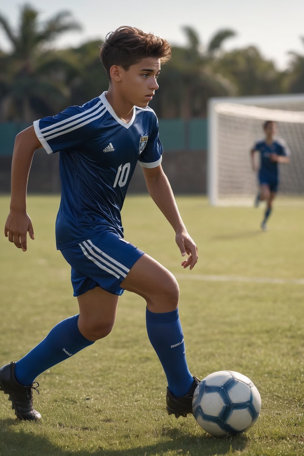 (1boy) (medium) professional photo of 19yo dg_Luis, soccer player, jersey, shorts, running, field, , (surreal:0.4), hyper detailed photorealistic life-like accurate proportional 8k sharp focus, empty hands, (accurate cinematic lighting), photorealistic detail, (selective focus:0.6), side view, (cute tight round bum)