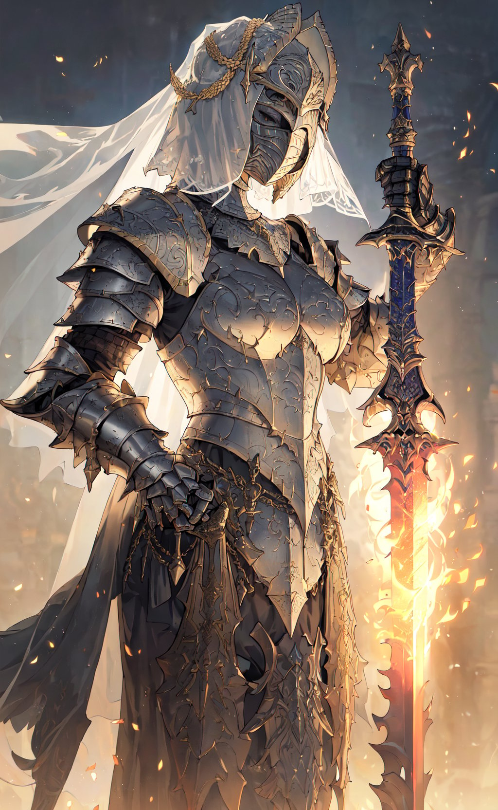 masterpiece, best quality, 1girl, armor, artarrwen, covered face, cuirass, dancer of the boreal valley, dark souls \, (series\), dark souls iii, flaming sword, flaming weapon, full armor, gauntlets, gold aura, greaves, helm, helmet, highres, holding, holding sword, holding weapon, jewelry, looking at viewer, pauldrons, scimitar, shoulder armor, solo, sword, veil, weapon