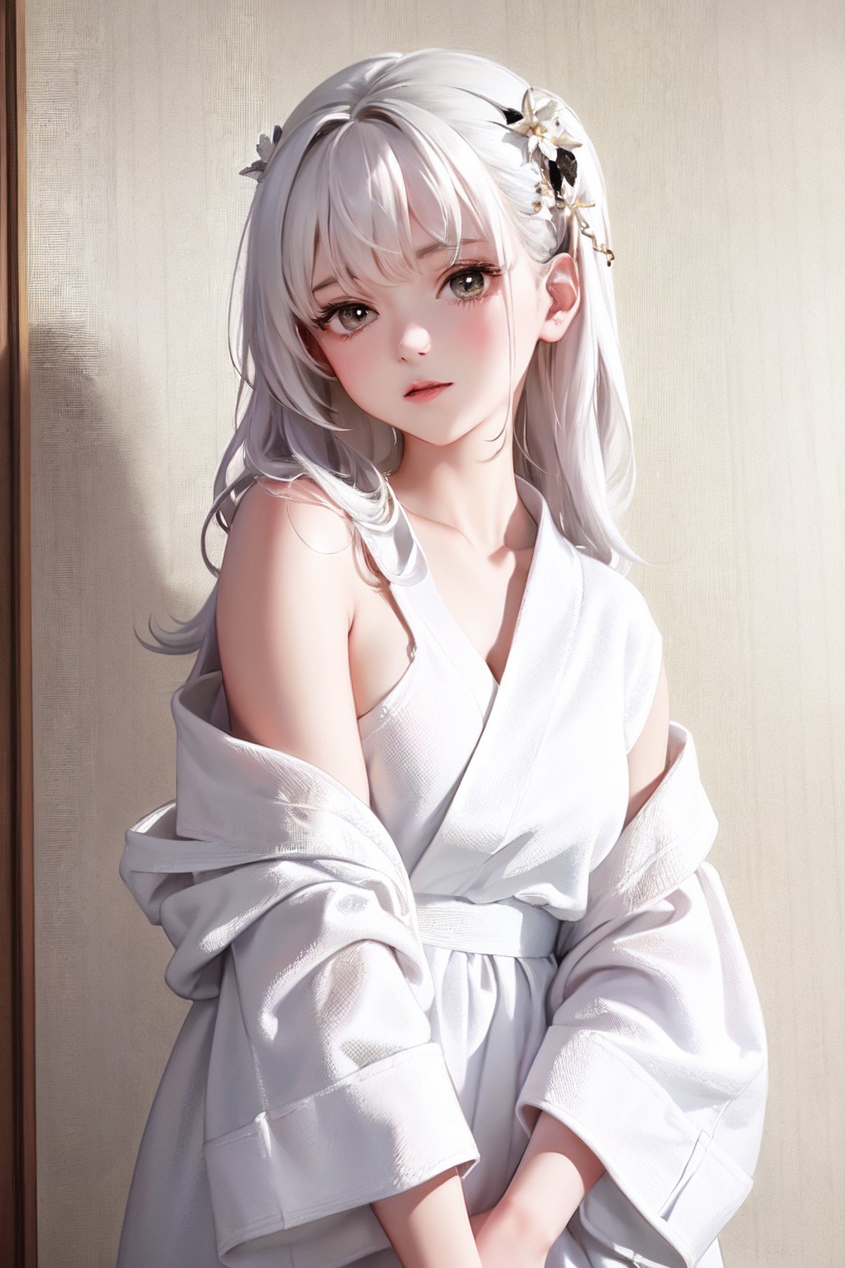 1girl,white bathrobe,(masterpiece, top quality, best quality, beautiful and aesthetic:1.2),<lora:kui white bathrobe:0.4>,