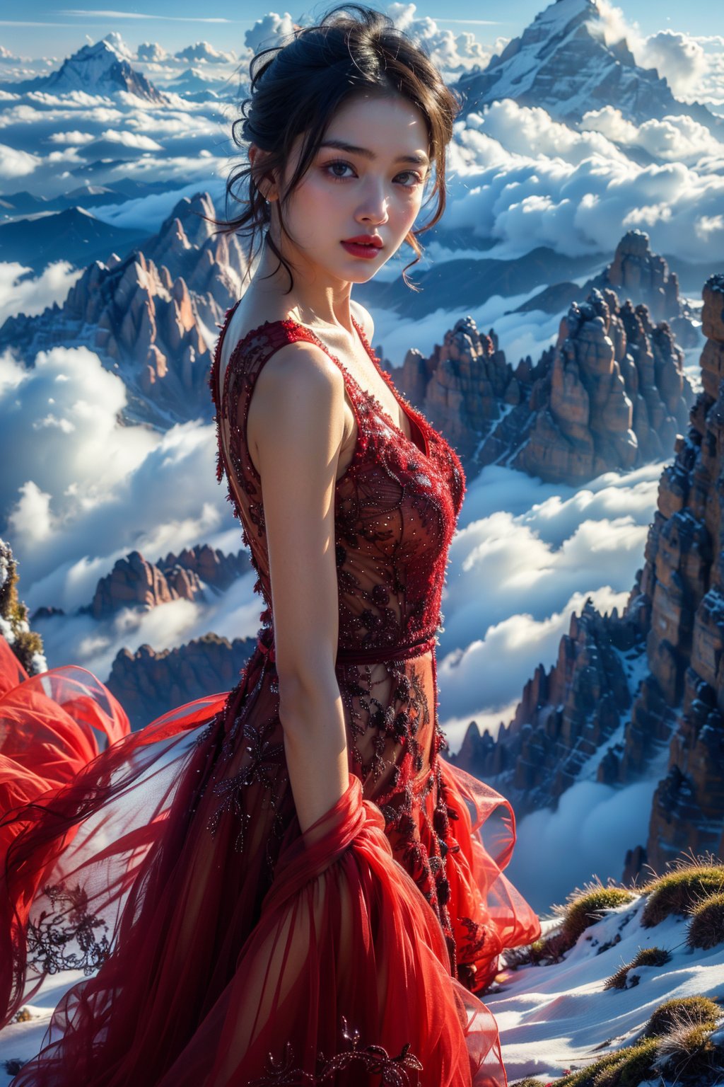 sdzs01,1girl,mountain,solo,cloud,red dress,black hair,looking at viewer,outdoors,blue sky,bare shoulders,cloudy sky,scenery,<lora:sdzs1.5:0.8>,, best quality, ultra-detailed, masterpiece, finely detail, highres, 8k wallpaper