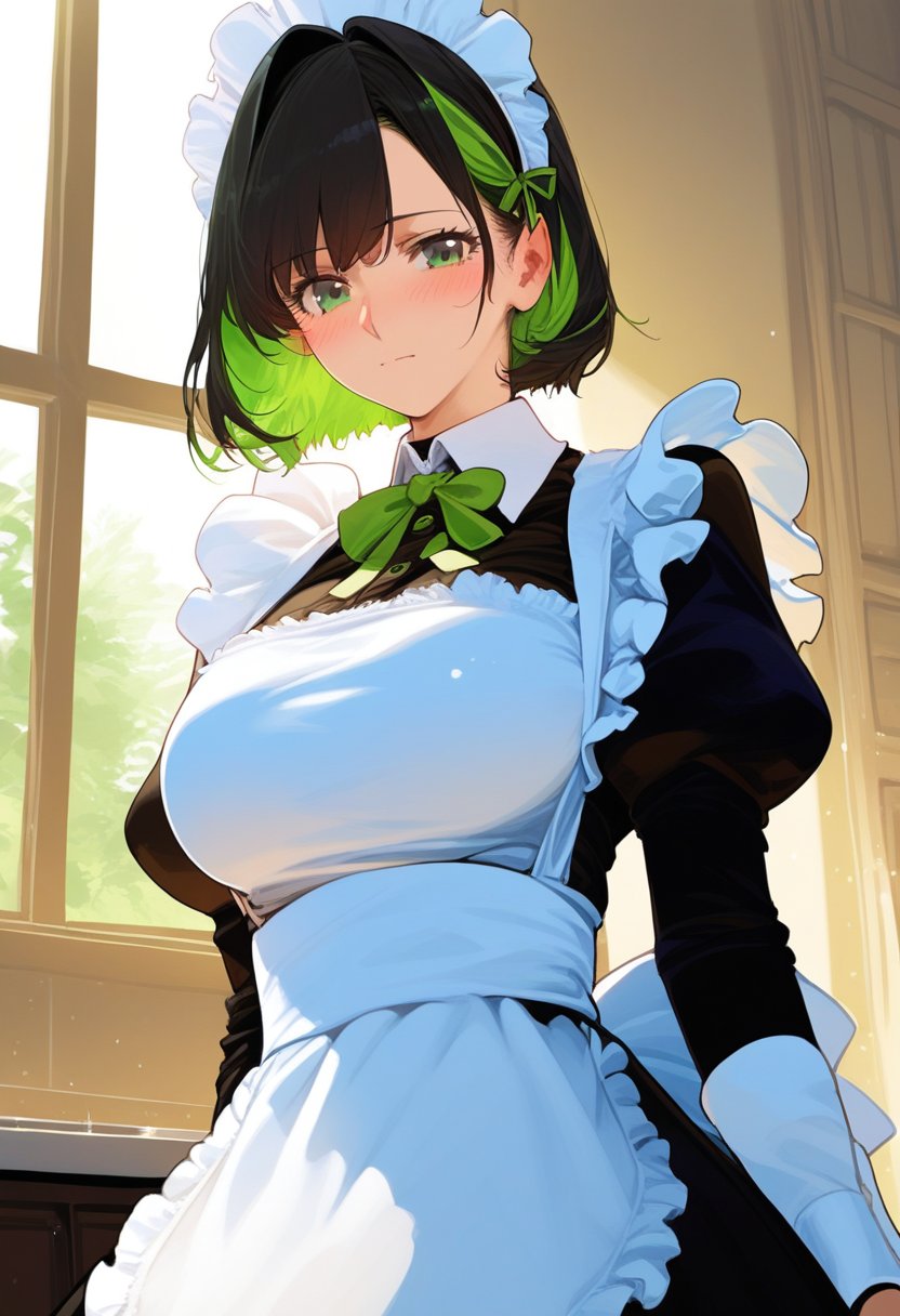 score_9, score_8_up, score_7_up, score_6_up, source_anime, <lora:CLD 0.1v:1>, CLD,1girl, solo, long hair, mature female, milf, green eyes, maid, maid headdress, apron, black hair, green ribbon, ribbon, looking at viewer, upper body, colored inner hair, green hair, multicolored hair, long sleeves, closed mouth, short hair, puffy sleeves, bangs, dress, maid apron, blush, neck ribbon, black dress, juliet sleeves, white apron, two-tone hair, collared dress, hair ribbon, frills, bob cut, light particles, frilled apron, blurry, indoors, mansion,