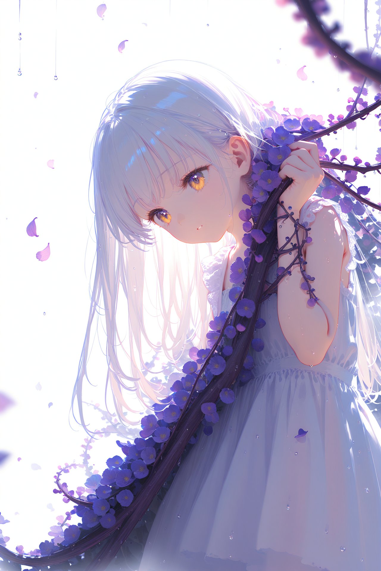 (masterpiece),(best quality),illustration,ultra detailed,hdr,Depth of field,(colorful),loli,white background,Dundar effect,a lot of purple vines,vines covering half of the painting,delicate plant details,a girl,girl,petite girl,long white hair,golden pupils,white dress,bare feet,side,side,upper body,head up,sad eyes,rain,light,figure light,petals,purple filter,left,fog,dream,unreal,Blur,float light,