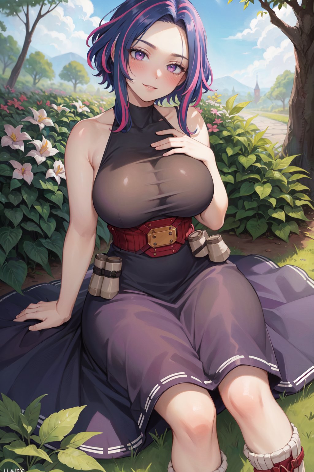 (best quality, ultra detailed), ((full-face blush)), (detailed background:1.2), (perfect face, detailed face), looking at viewer, (mature female:1.4), smile<lora:lady_nagant:0.9> lady_nagant, large breasts, short hair, sleeveless, streaked hair, bare shoulders, medium hair, belt, dress, pink hair, boots(garden, outdoors, sitting)   