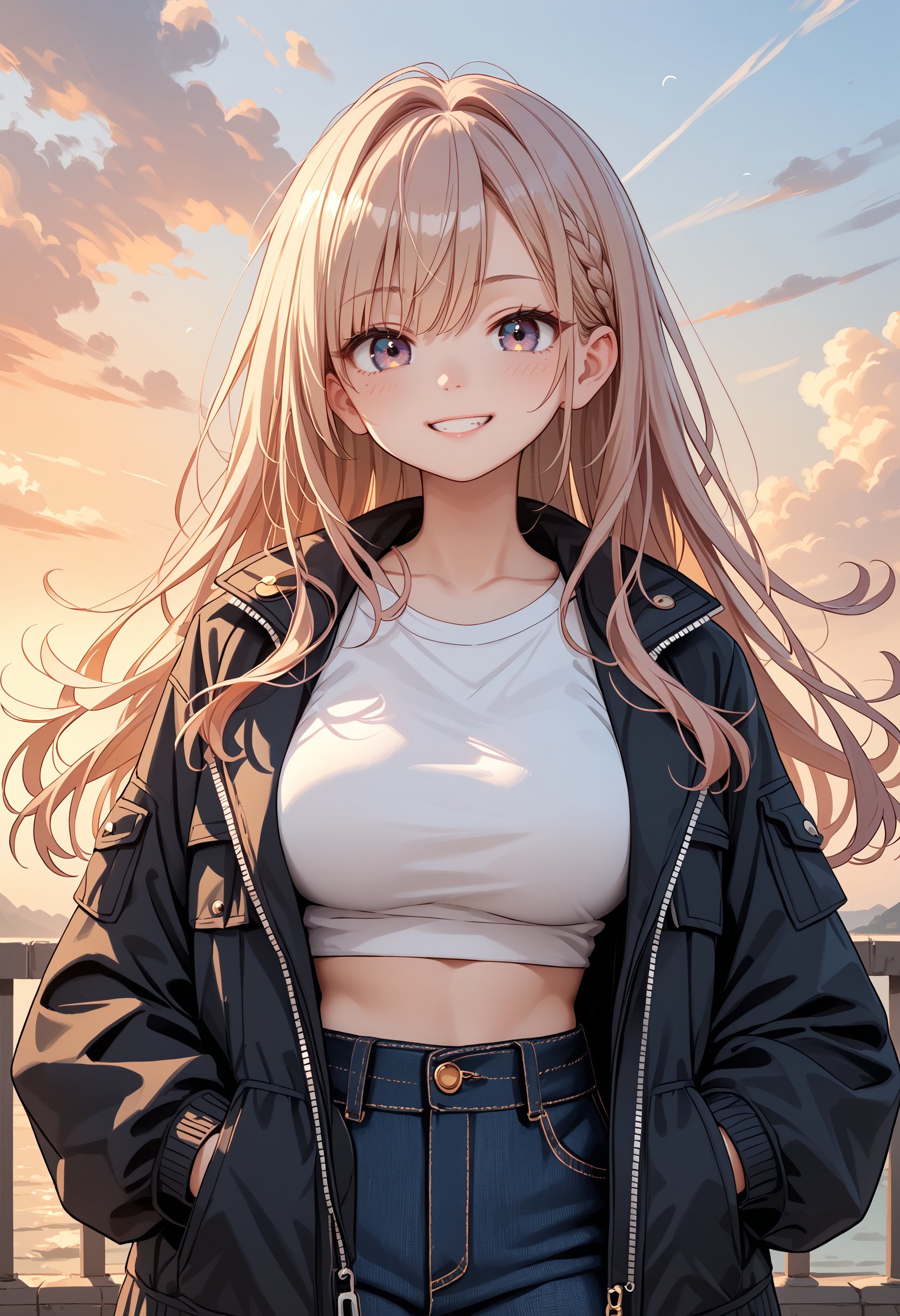 score_9, score_8_up, score_7_up, score_6_up, score_5_up, score_4_up, rating_safe, 1girl, long jacket, closed jacket, sunset, smile, long hair, large breasts