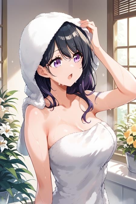 score_9, score_8_up, score_7_up, score_6_up,<lora:Takao_Toka:0.9> takao, 1girl, towel, solo, breasts, naked towel, black hair, towel on head, indoors, flower, bangs, long hair, open mouth, wet, purple eyes, collarbone