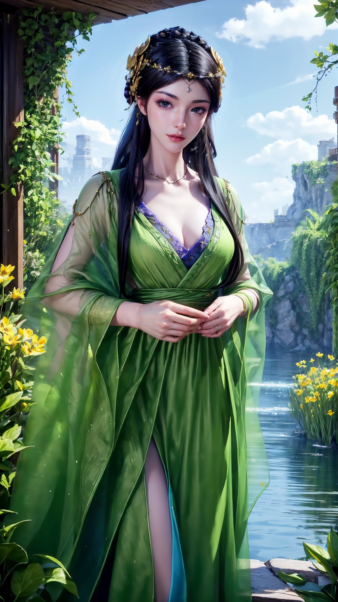 masterpiece,best quality,official art,extremely detailed CG unity 8k wallpaper,realistic,light rays,light particles,1girl,solo,lips,breasts,thigh,collarbone,bandeau,long_hair,(black hair:1.2),hair_ornament,outdoors,lake,blue sky,potted,Hair Ornaments,Vast Open Field,looking at viewer,