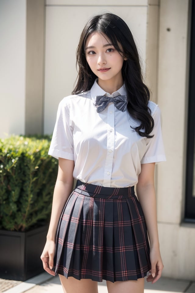 1girl,solo,long hair,realistic,skirt,black hair,school uniform,bow,shirt,looking at viewer,brown eyes,bowtie,arms behind back,white shirt,plaid,lips,smile,best quality,masterpiece,illustration,Amazing,finely detail,masterpiece,official art,incredibly absurdres,huge filesize,ultra-detailed,highres,extremely detailed,realistic,,<lora:Kirihara Mizuki_20240514185959:0.8>