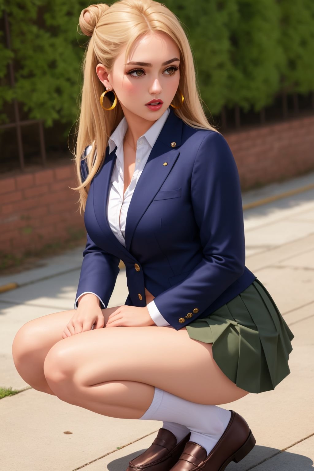 1girl, masterpiece, high quality, 8k, high resolution, perfect art, Navy blue blazer, white unbuttoned shirt, red pleated skirt, knee-high socks, and leather loafers, Temptress, Tall, Fit body, Round Face, Olive Skin, Honey Blonde Hair, hazel Eyes, Narrow Nose, Thick Lips, Round Chin, Long Hair, Thick Hair, Bun, round breasts, small breasts, Faux gauge earrings, fuchsia metallic lipstick, Ivy League university campus