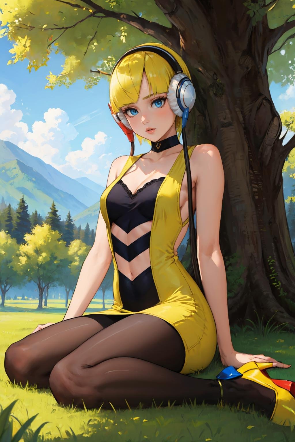 masterpiece, best quality, <lora:elesa-nvwls-v1-000010:0.9> bw1elesa, blonde hair, short hair, headphones, cables, choker, cleavage, black and yellow dress, pantyhose, short dress, clothing cutout, navel cutout, sleeveless, sitting, on ground, field, trees, yellow high heels