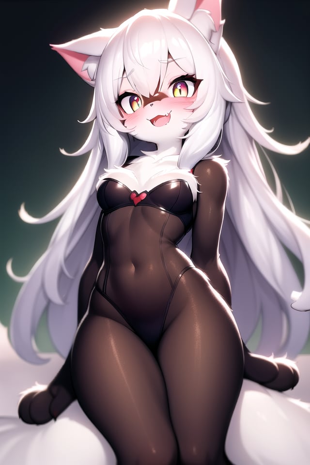 masterpiece, best quality, highres, best illumination, depth of field, complex background, detailed background, looking at viewer, lens flare, furry, furry female, animal ears, cat ears, cat tail, 1girl, cat girl, long hair, (((body fur))), solo, animal ear fluff, two-tone fur, paw, fur skin, (skinny), colorful fur, colorful eyes, blush, laughing, fang, fang out, 