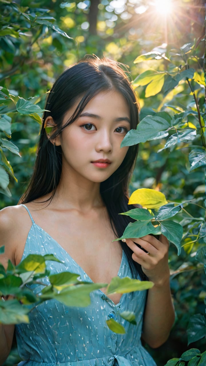 photographic portraits,the art of photography,asian girl, leaf,dappled light: light through leaves,a cold blue light from the moon,cool summer days,blue tones,hd, <lora:add-detail-xl:0.5>  <lora:DetailedEyes_V3:0.8>
