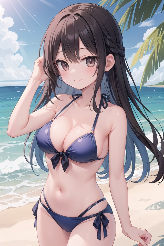 insanely detailed, absurdres, ultra-highres, ultra-detailed, best quality,1girl, solo, nice hands, perfect hands,BREAK(pastel colored bikini:1.3),happy smile, laugh, closed mouth,swimming, cowboy shot,BREAKslender, kawaii, perfect symmetrical face, ultra cute girl, ultra cute face, ultra detailed eyes, ultra detailed hair, ultra cute, ultra beautiful,at seashore, coast, beach, tropical, sky, blue ocean,(medium large breasts, cleavage:1.3),BREAK, (black hair),(dark brown eyes),(medium long hair with french braid)