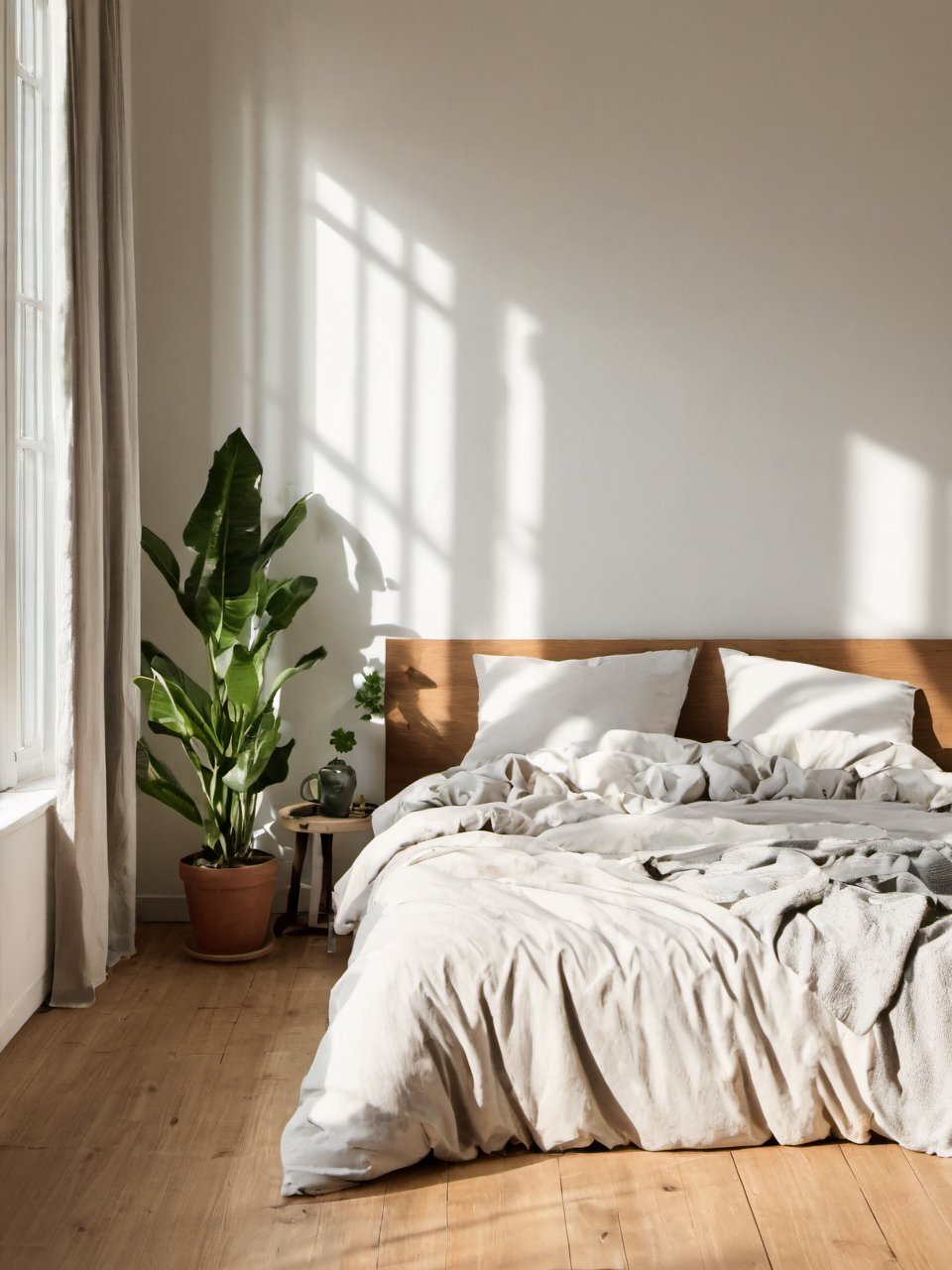 ,XCYP HOME, no humans,pillow,bed,plant,window,indoors,sunlight,wooden floor,curtains,shadow,lamp,bedroom,day,potted plant,