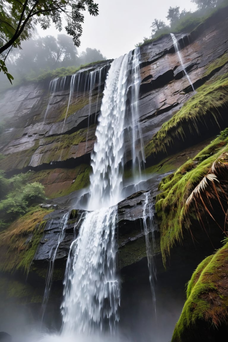 Water pours from the waterfall and mist rises at the bottom of the waterfall.Looking up from below at the water falling from the waterfall.Very thick raindrops fall. out of focus.Ultra-clear,  Ultra-detailed,  ultra-realistic,  full body shot,  very Distant view,  facial distortion,<lora:EMS-74471-EMS:0.400000>,<lora:EMS-57135-EMS:0.400000>,<lora:EMS-24184-EMS:0.800000>