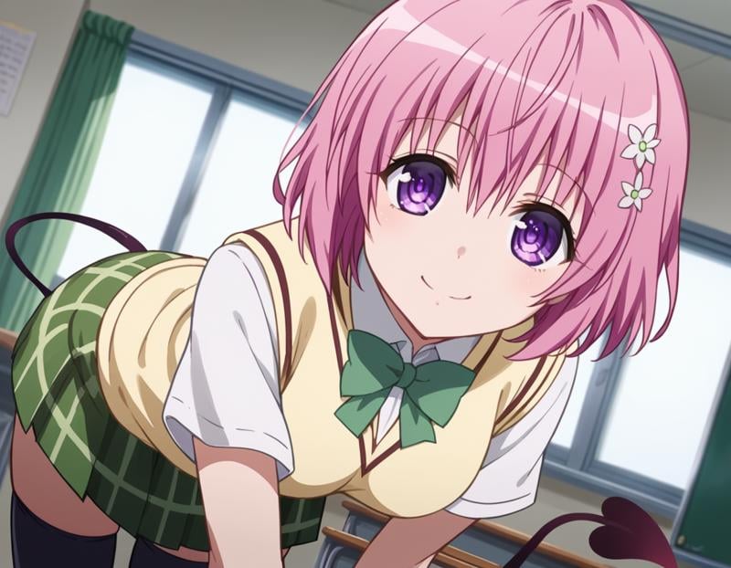 score_9, score_8_up, score_7_up, source_anime,momodeviluke, <lora:momo-deviluke-darkness-ponyxl-lora-nochekaiser:1>,momo deviluke, demon tail, hair flower, hair ornament, purple eyes, pink hair, short hair, tail,demon tail, green skirt, plaid, plaid skirt, sainan high school uniform, school uniform, skirt, sweater vest, thighhighs, yellow sweater, short sleeves, bow, green bow,indoors, classroom, bent over, smile,looking at viewer, cowboy shot, dutch angle, solo,