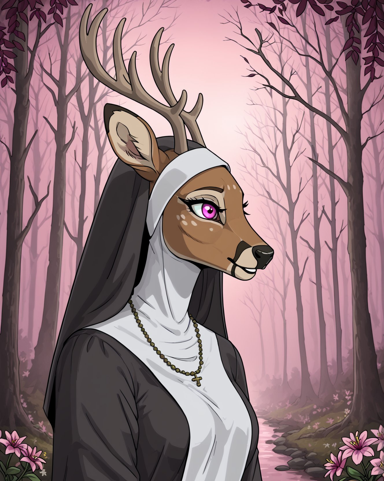 rebnun, fin-art photography, eerie nun with deer head, in a pink foggy forest, flowers ritual, beautiful romantic scene <lora:nun-000008:1>