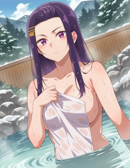 score_9, score_8_up, score_7_up, source_anime,sayuriakino, <lora:sayuri-akino-ponyxl-lora-nochekaiser:1>sayuri akino, long hair, hair ornament, hairclip, purple hair, purple eyes, forehead,nude, naked, outdoors, onsen, towel, naked towel, steam, bathing, nude cover, partially submerged, water, bath, steam censor, wet towel,looking at viewer, cowboy shot, dutch angle,