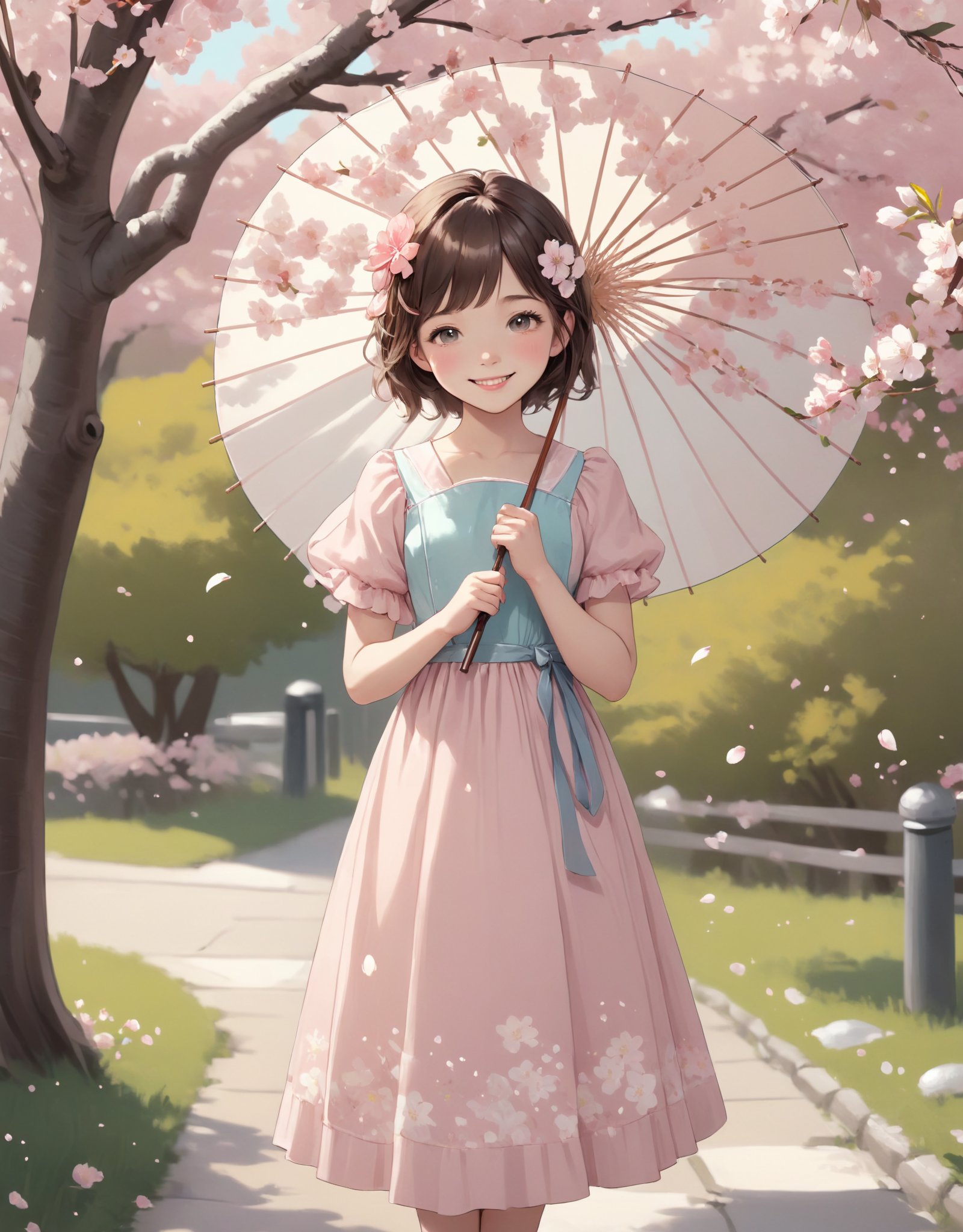 highres,best quality,natural,Illustration of an "Innocent and Sweet" young girl with a demure smile, wearing a pastel-colored dress, standing among cherry blossoms, holding a bouquet of flowers and a delicate parasol