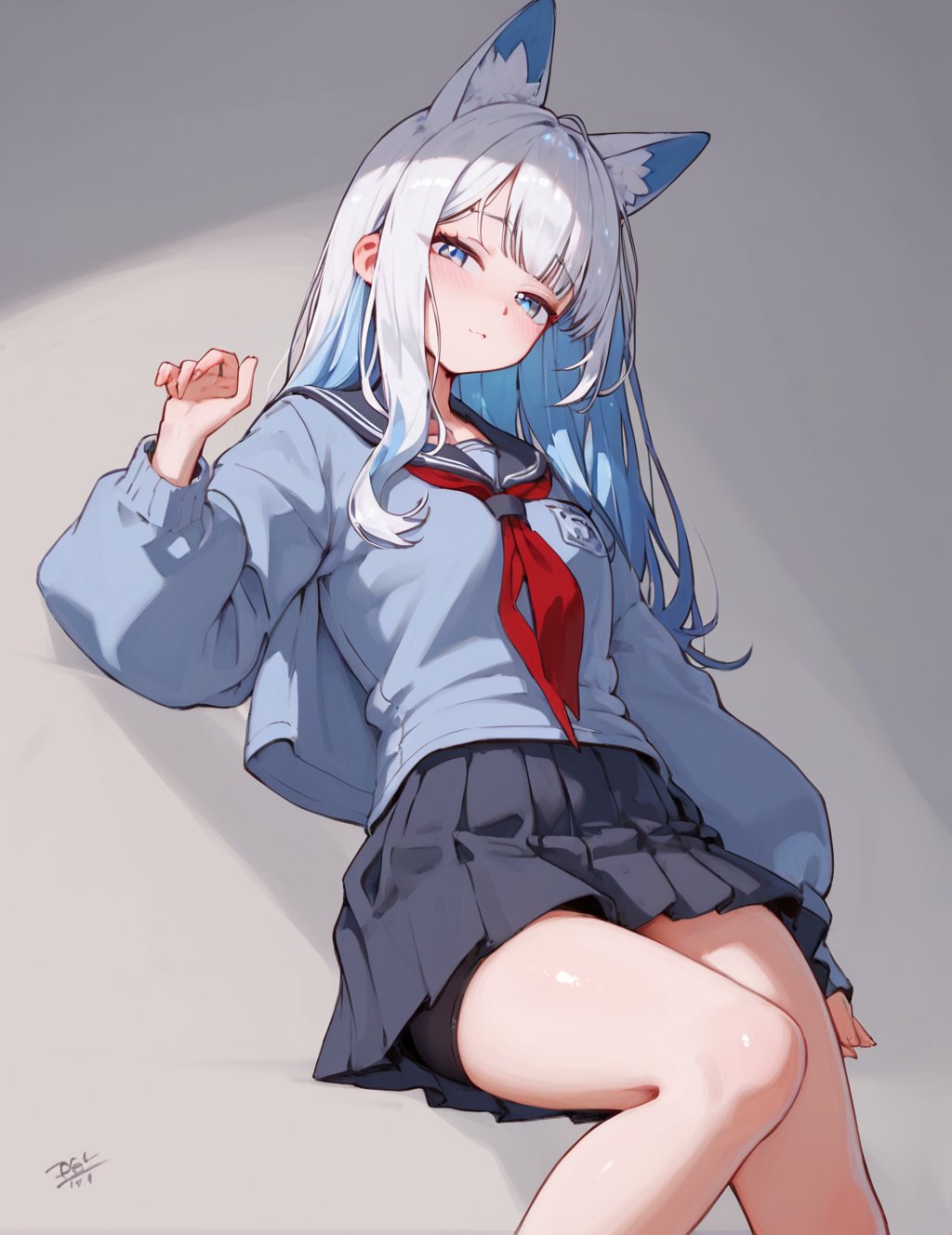 HDR photo of score_9,score_8_up,score_7_up,score_6_up,score_5_up,score_4_up,,otogi_\(blue_archive\), 1girl, fox_ears, red_neckerchief, long_sleeves, pleated_skirt, white_shirt, serafuku, black_shorts, blue_skirt, bike_shorts, black_skirt . High dynamic range, vivid, rich details, clear shadows and highlights, realistic, intense, enhanced contrast, highly detailed