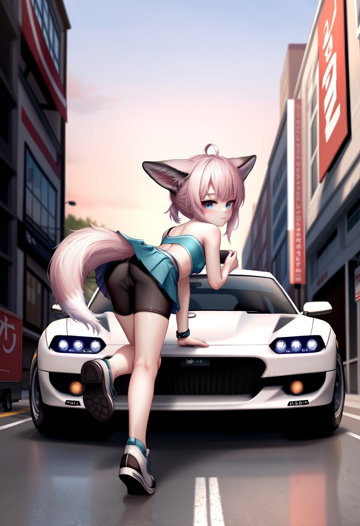 by as109, by aki99, by kie \(wylee2212\), masterpiece, best quality,1girl, sussurro \(arknights\), fox girl, animal ear fluff, fox tail, blue eyes, race queen, pleated skirt, bike shorts, lifted by tail, standing on one leg, bent over, from behind, leaning on car hood, :3, racecar, motor vehicle, full body, looking back, outdoors, street, sky, view from under