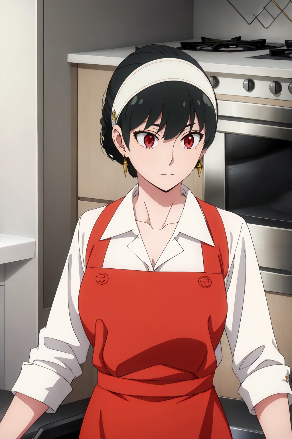 YorForger, 4k, absurd, high resolution, very high resolution, high definition, masterpiece, 1 girl, hair up, shirt, black hair, red eyes, jewelry, closed mouth, collarbone, white shirt, upper body, headband, earrings, collared shirt, inside, apron, white headband, kitchen, cooking, gold earrings<lora:EMS-400146-EMS:0.800000>