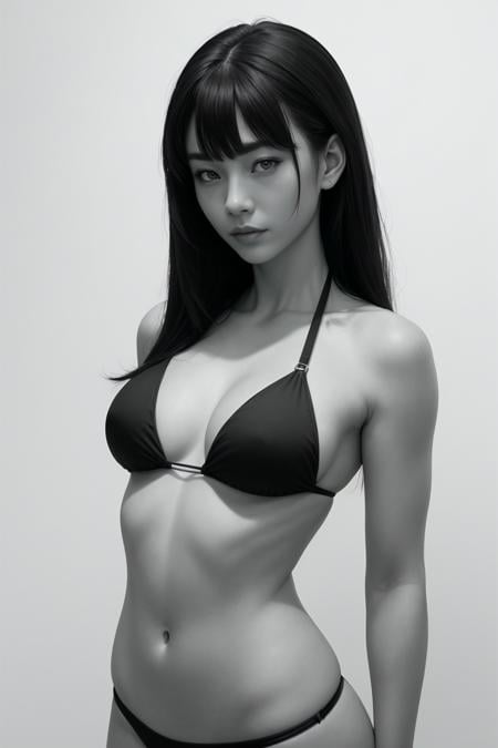 woman, (Chinese), (detailed skin), (ivory white skin), (perfect face), defined jawline, beautiful lips, (somber expression), (beautiful bright grey eyes), (long straight black hair, straight bangs), (perfect anatomy), (athletic body), (sexy) (black bikini), (medium shot photograph), (blank white background), (black and white monochromatic photograph),  realistic, grey scale