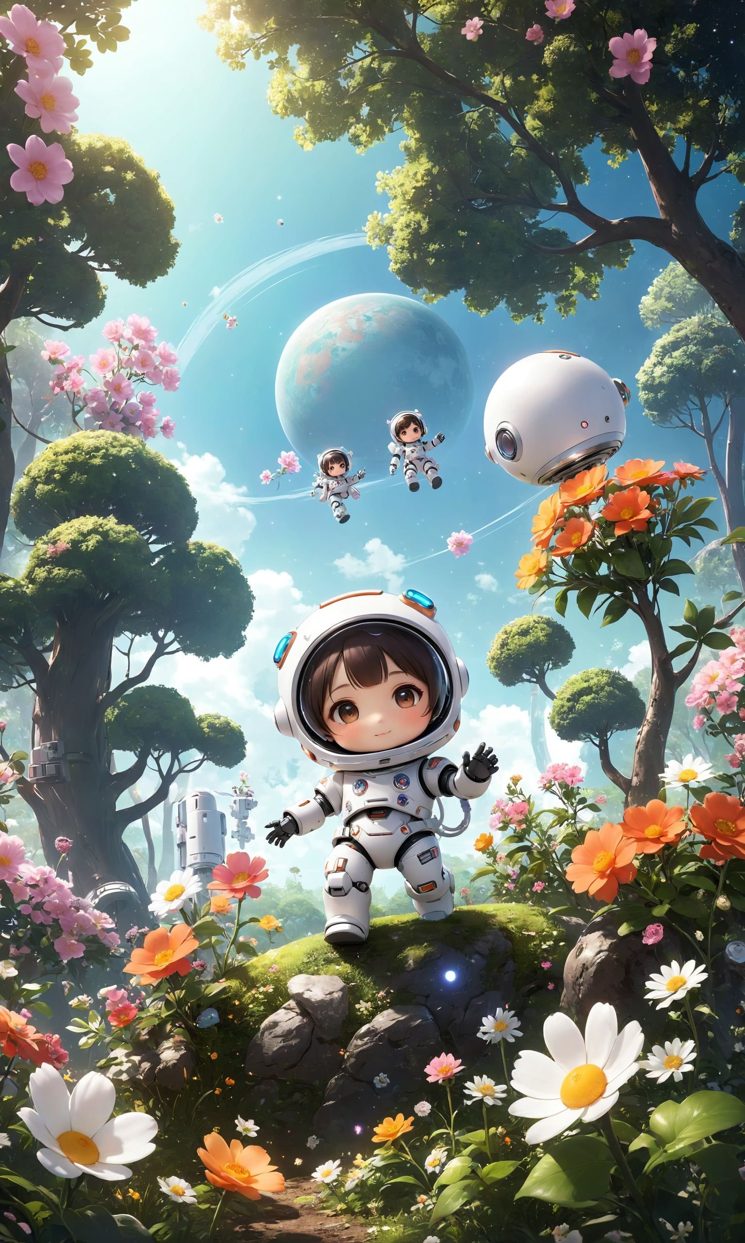 masterpiece, best quality,8K,official art, ultra high res, 1girl,chibi, full body, robot, astronauts outdoors, flowers, trees,