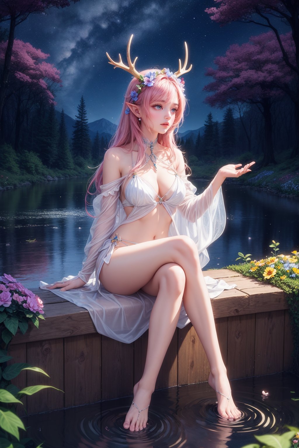 (masterpiece, top quality, best quality, beautiful and aesthetic:1.3),(1girl:1.3),(fractal art:1.3),original,extreme detailed,colorful,enchanted forest,nature,trees,dryad,antlers,pointy ears,flowers,active pose,full body,flower hair,bright color hair,glowing hair,divine,goddess,barefoot,doll face,upturned eyes,long eyelashes,animals,birds,sitting,(nude:0.5),looking away,((glowing water)),middle of a lake,flower bed,((wisps)),(night),petite  ,<lora:add_detail:0.7>,