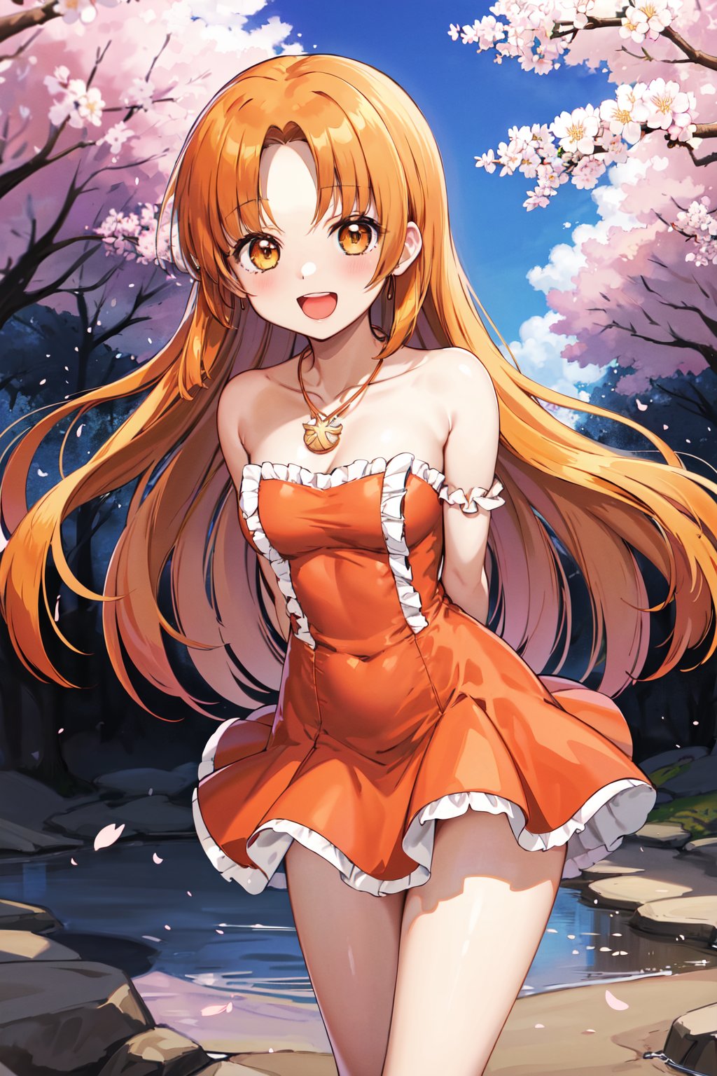 masterpiece, best quality, highres, 1girl, solo, long hair, orange hair, parted bangs, brown eyes, necklace, bare shoulders, frills, orange dress, strapless dress, yellow gloves, <lora:seira_v1:0.7>, standing, cowboy shot, arms behind back, leaning forward, smile, open mouth, cherry blossoms, 