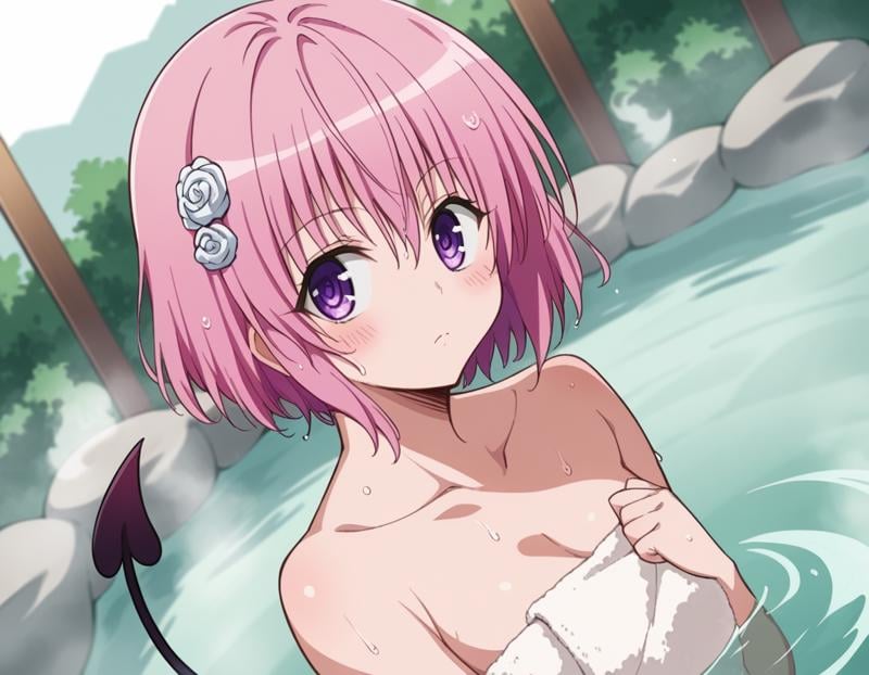 score_9, score_8_up, score_7_up, source_anime,momodeviluke, <lora:momo-deviluke-darkness-ponyxl-lora-nochekaiser:1>,momo deviluke, demon tail, hair flower, hair ornament, purple eyes, pink hair, short hair, tail,nude, naked, outdoors, onsen, towel, naked towel, steam, bathing, nude cover, partially submerged, water, bath, steam censor, wet towel, blush,looking at viewer, cowboy shot, dutch angle, solo,