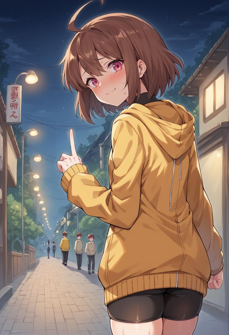 1girl, short hair, brown hair, pink eyes, ahoge, yellow hoodie, bike shorts, standing, pointing, pointing to the side, nervous smile, sweat, looking at viewer, love hotel, outdoors, nervous smile, blushing, closed mouth, embarrassed, panicking, sweat, from behind, from side, night, lights <lora:Linne_unr:1>, score_9, score_8_up, score_7_up, score_6_up, score_5_up, score_4_up, BREAK source_anime, masterpiece