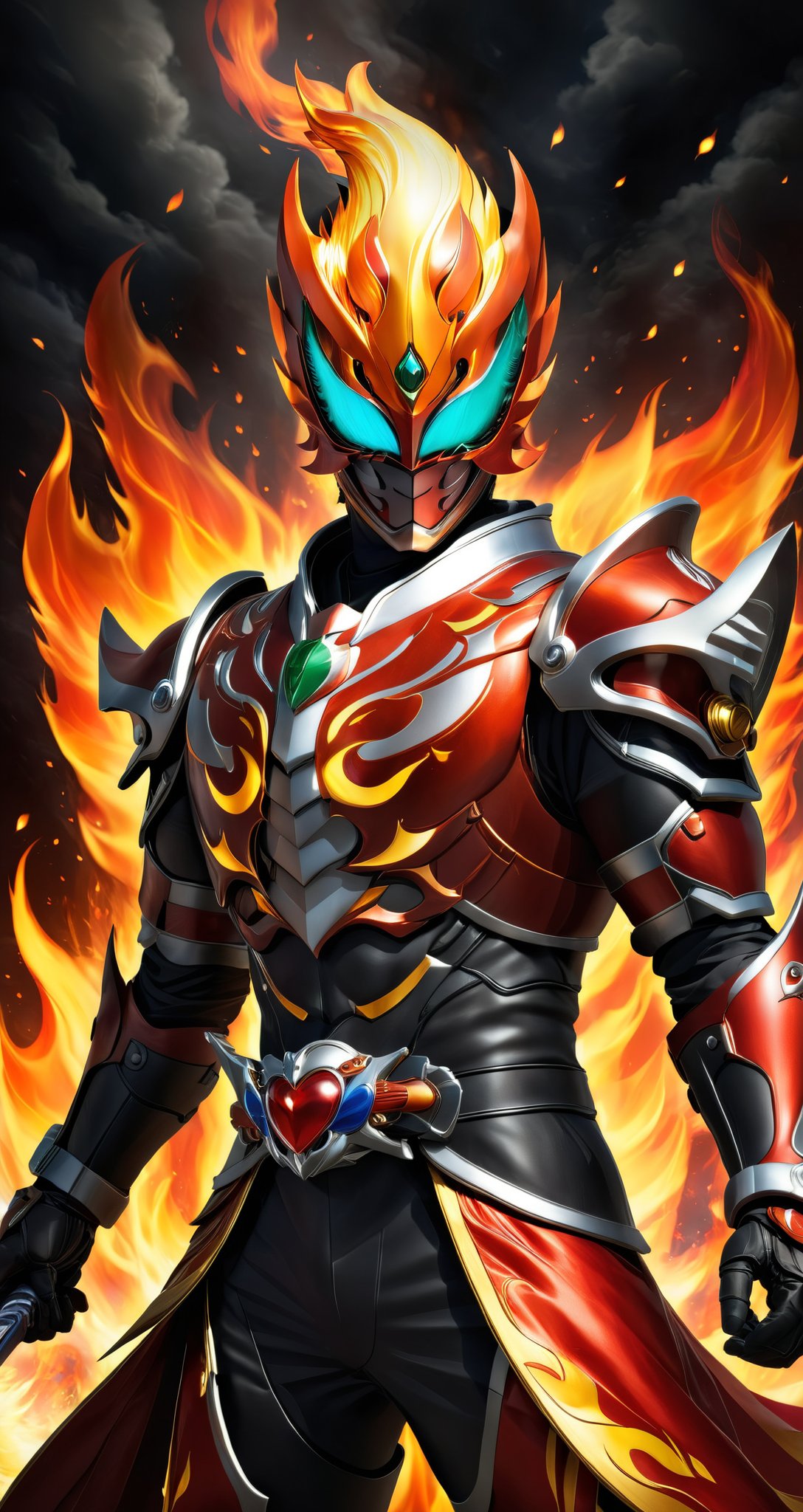 Kamen rider style, the masked warrior of the Spirit of Fire, wearing flame armor and holding a flame sword, burns the fire of justice in his heart and dispels the forces of darkness. Brave, fearless, with flame and courage to illuminate the way people forward.