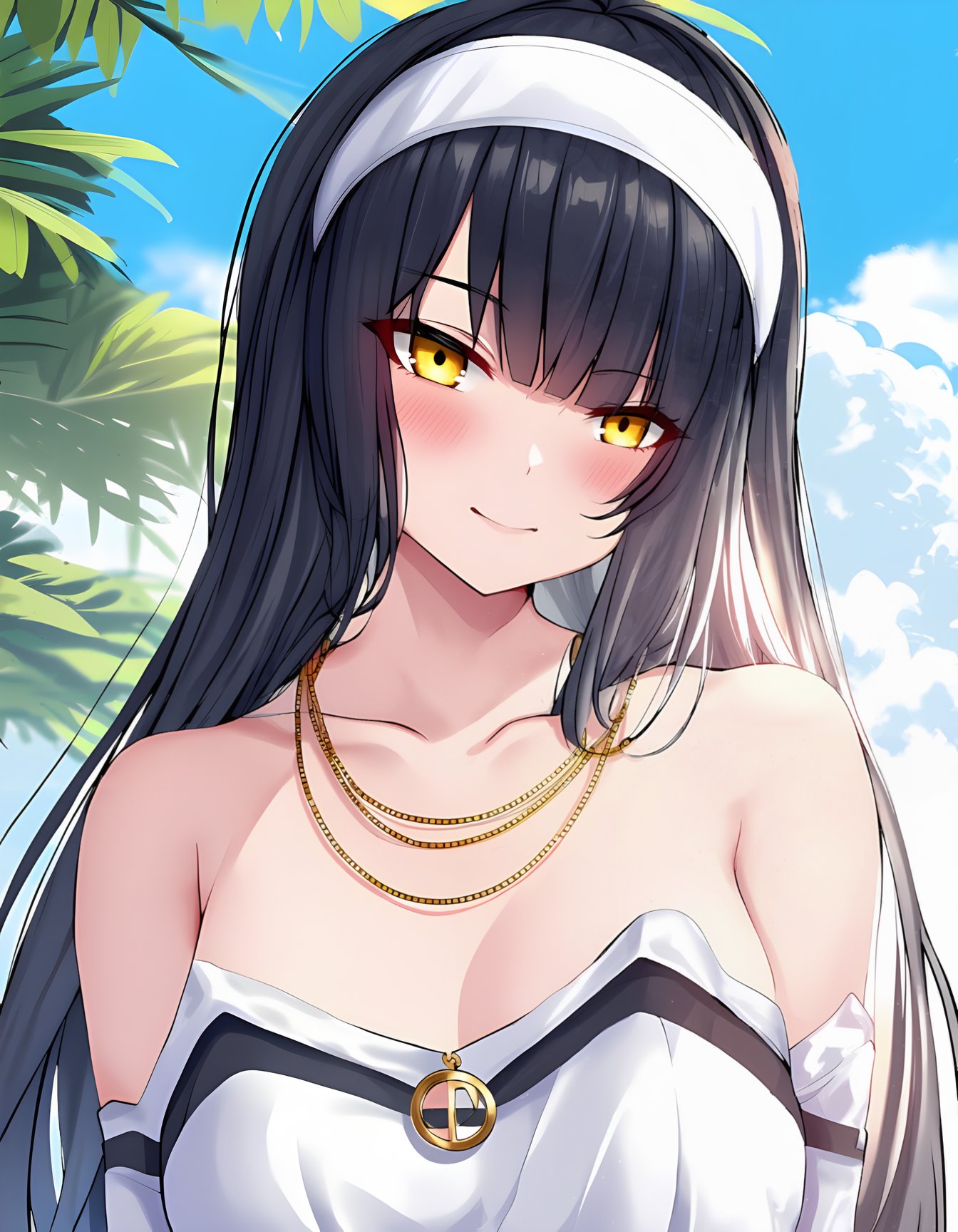 1girl, long hair, looking at viewer, blush, smile, black hair, closed mouth, jewelry, bare shoulders, collarbone, yellow eyes, outdoors, hairband, sky, day, cloud, necklace, blue sky, head tilt, portrait, white hairband, type 95, girls' frontline ,