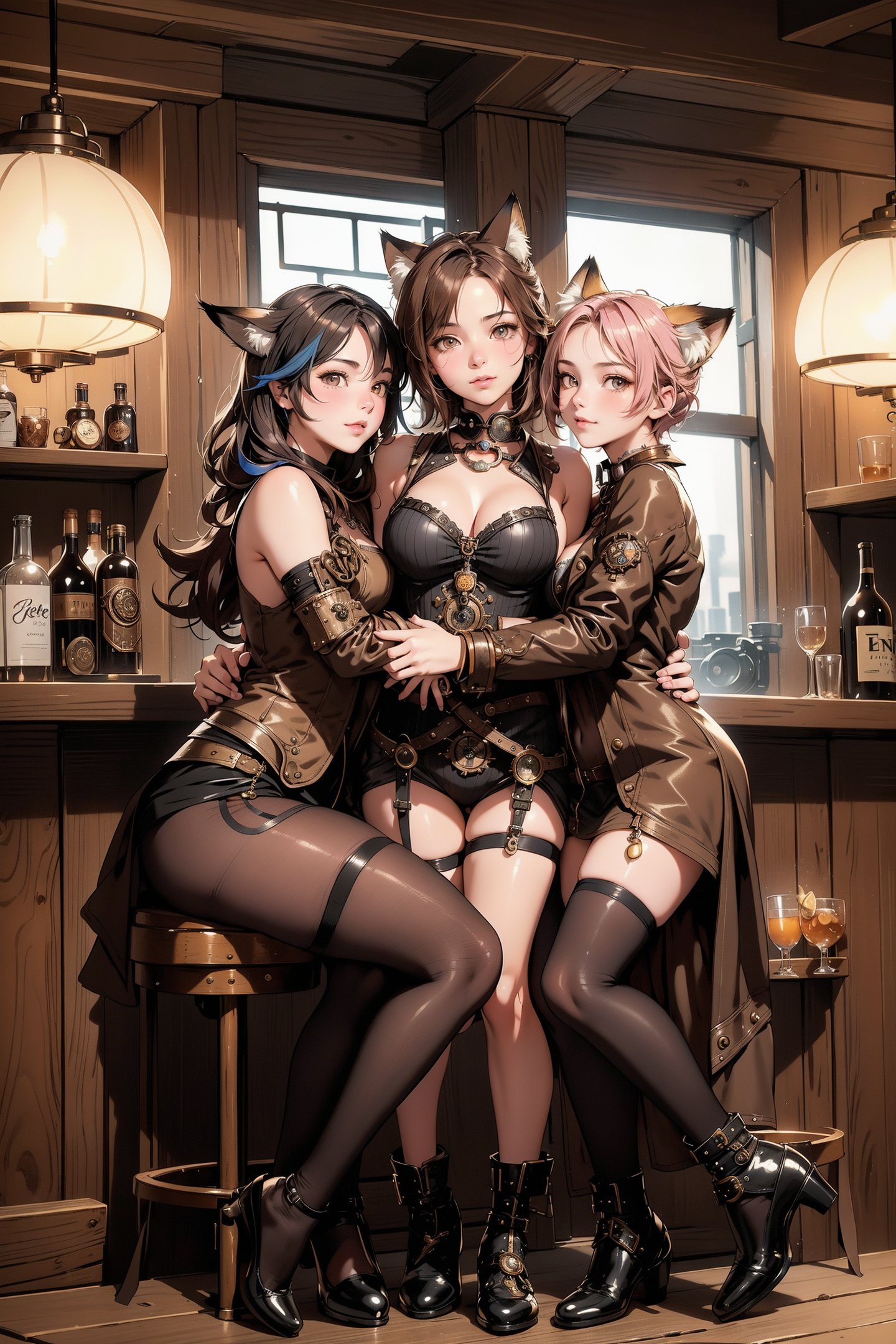 ((four steampunk girls hugging each other)), (((18 years old))), short hair, (cute fox ears), (detailed faces), ((bar)), posing, sitting, (full body), in frame, (soft smile), ((photography by Petter Hegre, Hegre Art)), Sony Apha 7, Nikon, 50mm, (different hairstyles), ((different faces)), (different hair colors)