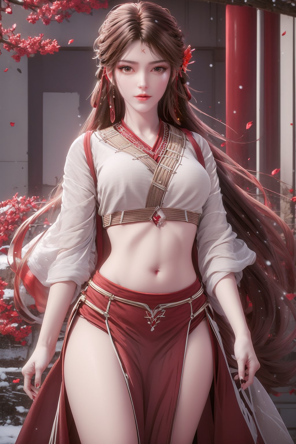 8k,RAW photo,best quality,masterpiece,hatching (texture),skin gloss,light persona,artbook,extremely detailed CG unity 8k wallpaper,official art,(high detailed skin),glossy skin,contrapposto,female focus,sexy,fine fabric emphasis,wall paper,1girl,solo,red_lips,makeup,very long hair,hair ornament,midriff,navel,fate/stay night,(red theme:1.4),depth of field,blue circle,snow,petals,branch,y-hd,s-hd,<lora:0405采桑女64:0.8>,ll-hd,<lora:1111白皙质感:0.5>,ty-hd,<lora:0110田野:0.6>,