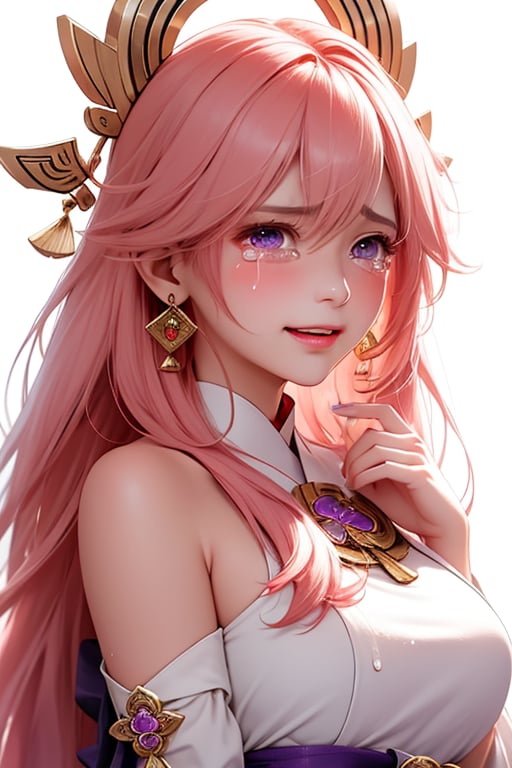 ba shen zi,1girl,solo,pink hair,purple eyes,long hair,blush,(tears:1.5),animal ears,bare shoulders,hair between eyes,white background,simple background,upper body,fox ears,breasts,bangs,jewelry,closed mouth,earrings,crying,japanese clothes,hair ornament,cheerful demeanor,(radiant smile:0.5),bright personality,warm-hearted nature,optimistic outlook,vibrant energy,sun-kissed complexion,joyful laughter,free-spirited,carefree attitude,uplifting presence,playful spirit,(positive vibes:1.2),lively enthusiasm,beaming with happiness,(natural beauty:1.3),infectious laughter,<lora:aki-000002:0.5>,